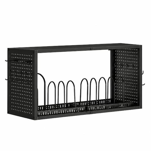 Black Wall Mounted 3-in-1 Pot Rack with 2-Tier Shelf, Lid Organizer and 20 Hooks for Pots, Pans and Utensils