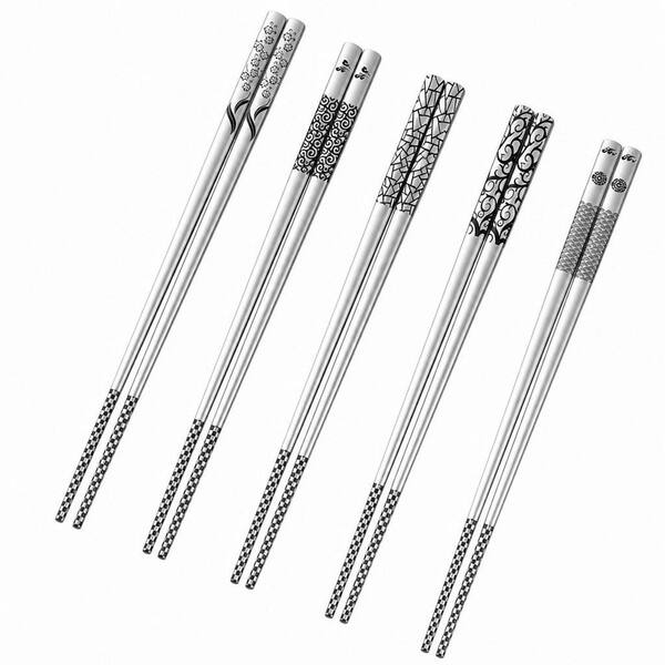 18/8 Stainless Steel Chopsticks, Silver Finish Animal Laser Engraved 5 Pairs Reusable Tableware Non-Slip Dishwasher Safe