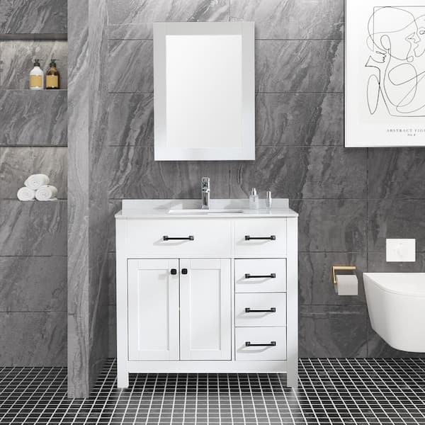 Wonline Wonline 35.4 in. W x 17.7 in. D x 31.5 in. H Single Sink Bath Vanity in White with White Ceramics Top and Mirror