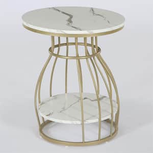 Andrea 19.7 in. White Faux Marble Round Wood End Table with Storage Shelf, Modern Sofa Side Table with Metal Base