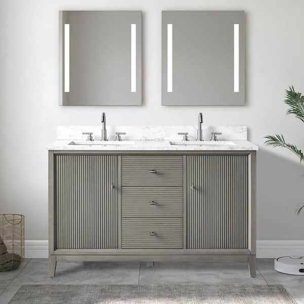 Vanity Art 60 in. W Single Sink Freestanding Driftwood Gray Bath Vanity Cabinet with Arabescato White Engineered Marble Top
