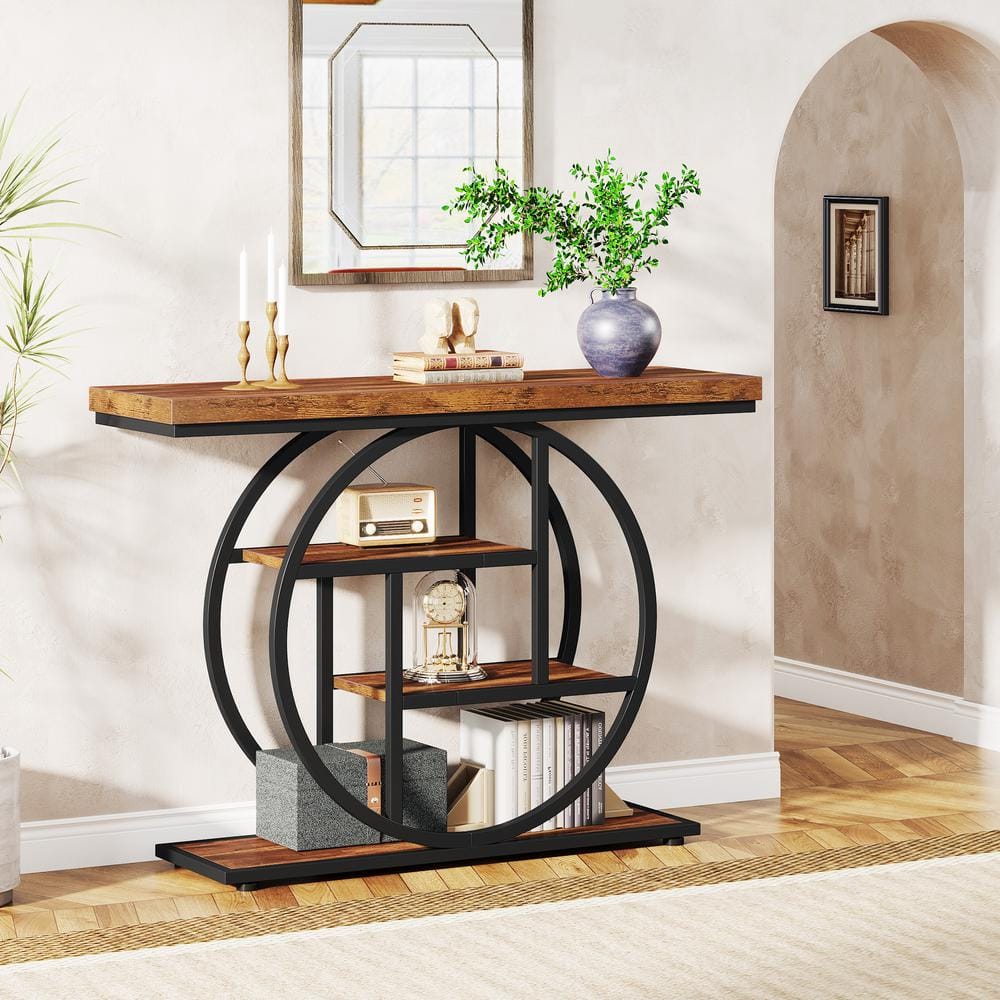 Rustic Brown 41.3" Industrial Wood and Metal Console Table with Storage