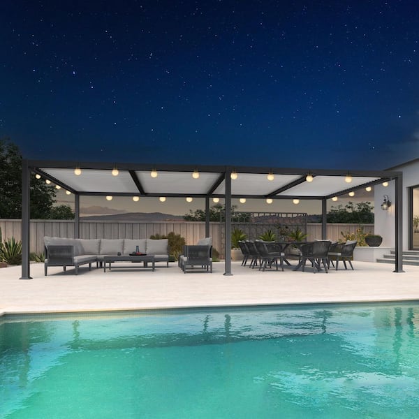 11.7 ft. x 28.1 ft. Gray Aluminum Outdoor Louvered Pergola with White Adjustable Roofs and Solar String Lights