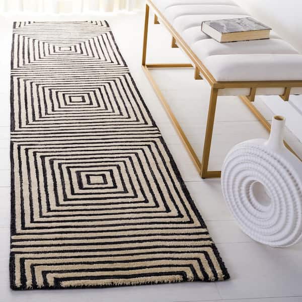 Metro 2 ft. x 13 ft. Black/Beige Geometric Squares Runner Rug