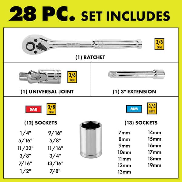 28-Piece 3/8 in. Drive Standard (SAE) and Metric Mechanics Ratchet Set and Socket Set
