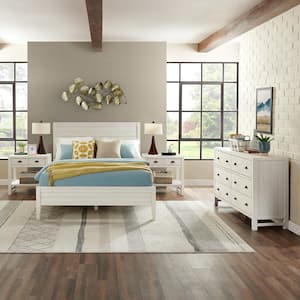 Arden 5-Piece Wood Bedroom Set with Queen Bed, Two 2-Nightstands w/ open shelf, 5-Drawer Chest, 6-Drawer Dresser, White