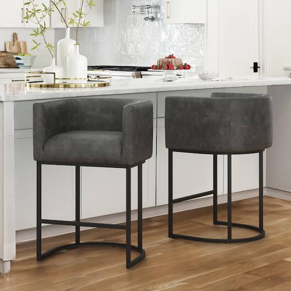LUE BONA Jessica 26 in. Black Gray Counter Bar Stool Faux Leather Upholstered Barrel Counter Stool with Metal Frame Set of 2