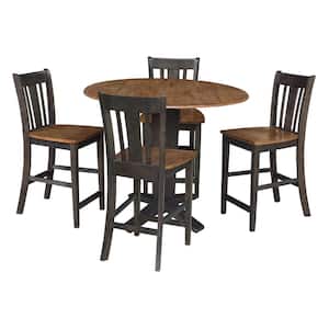 Aria Hickory/Washed Coal 42 in. Solid Wood Drop-Leaf Counter Height Pedestal Table and 4 San Remo Stools, Seats 4