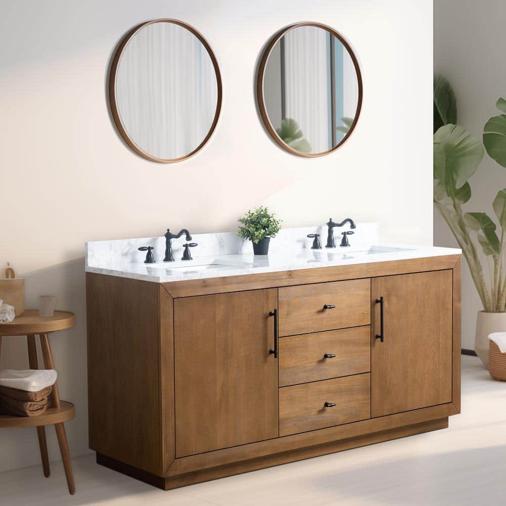 72" Tan Poplar Wood Double Sink Vanity with Arabescato White Marble Top