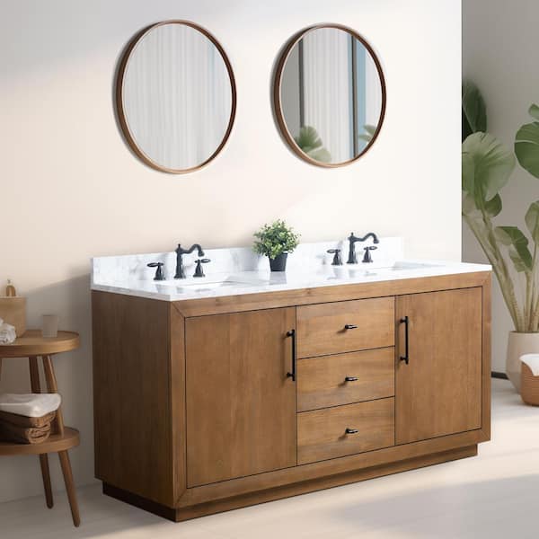72 in. W x 22 in. D x 38 in. H Double Sink Bathroom Vanity in Tan with Arabescato White Engineered Marble Top