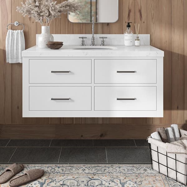 ARIEL Hutton 42.25 in. W x 22 in. D x 19.6 in. H Single Sink Freestanding Bath Vanity in White with Carrara White Quartz Top