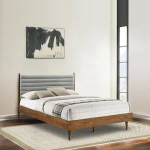 Artemio Walnut Wood Frame Queen Platform Bed with Upholstered Headboard