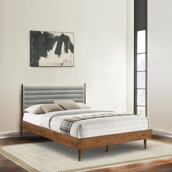Armen Living Artemio Walnut Wood Frame Queen Platform Bed with Upholstered Headboard