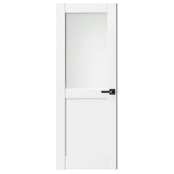 28 in. x 80 in. Solid Wood and MDF, Primed, White, 1/2 Lite, Frosted Glass Interior Door Slab With Black Lever Handle