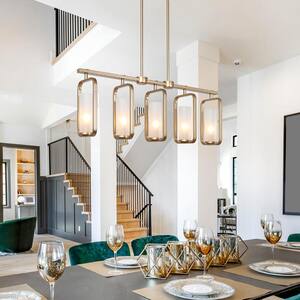 Transitional Kitchen Island Gold Chandelier 5-Light Hanging Ceiling Light Frosted Glass Shaded Dining Room Chandelier