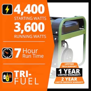 4,000-Watt/3,500-Watt Recoil Start Tri Fuel Portable Generator, Runs on Natural Gas, Gasoline, or Propane