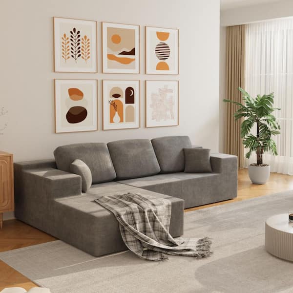 Modern Minimalist 108 in. Square Arm 2-Piece Chenille Modular Sectional Sofa in Gray with 3 Pillows