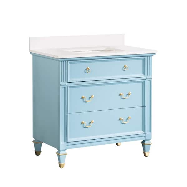 WELLFOR Allen 36 in. W x 22 in. D x 35 in. H Bath Vanity in Classic Blue with Carrera White Vanity Top with Single White Basin