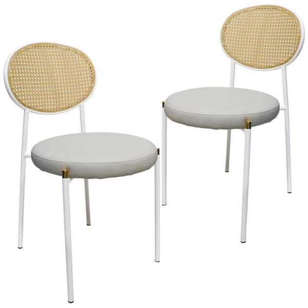 Euston Dining Chair with Wicker Back and Upholstered Round Seat with White Steel Base Set of 2 in White Leather
