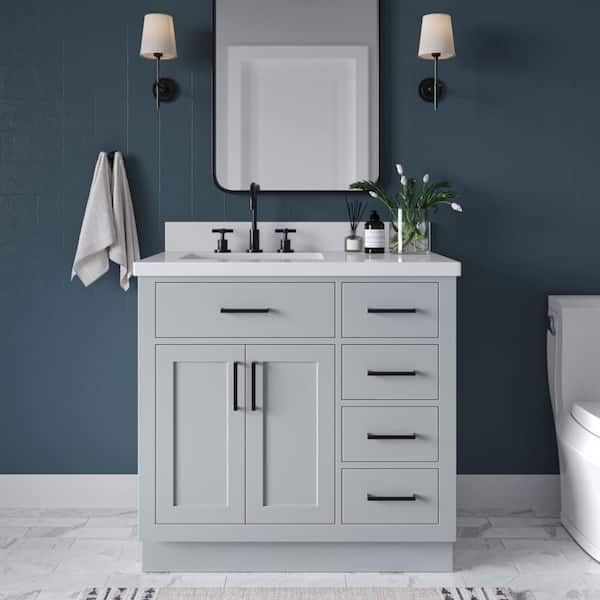 ARIEL Hepburn 37 in. W x 22 in. D x 36 in. H Bath Vanity in Grey with White Pure Quartz Vanity Top with White Basin