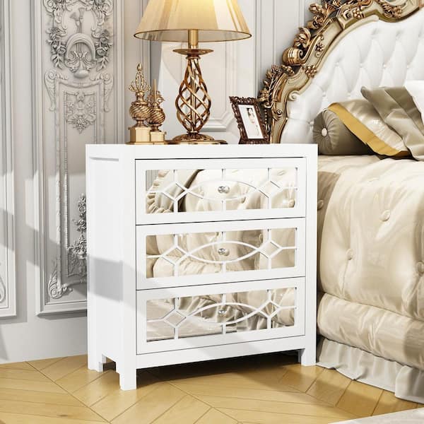 3-Mirrored Drawers White Wood Nightstands Bedside Table With Mirror Finish 11.8 in. D x 26 in. W x 28 in. H