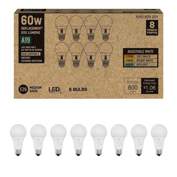 60-Watt Equivalent A19 Non-Dimmable CEC LED Light Bulb with Selectable Color Temperature (8-Pack)