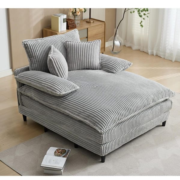 Gray 54.75 in. W Oversized Fluffy Corduroy Polyester Full Size Sofa Bed, Deep Seat Sleeper Sofa Chair, with 2 Pillows