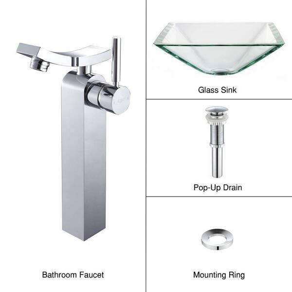 KRAUS Square Glass Vessel Sink in Clear with Unicus Faucet in Chrome