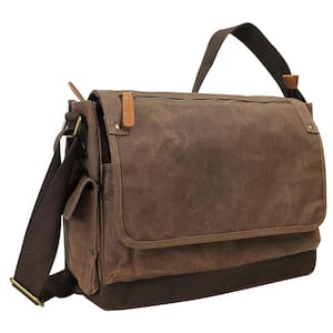 15 in. Vintage Cotton Wax Canvas Laptop Messenger Bag with 15 in. Laptop Compartment. Coffee Brown