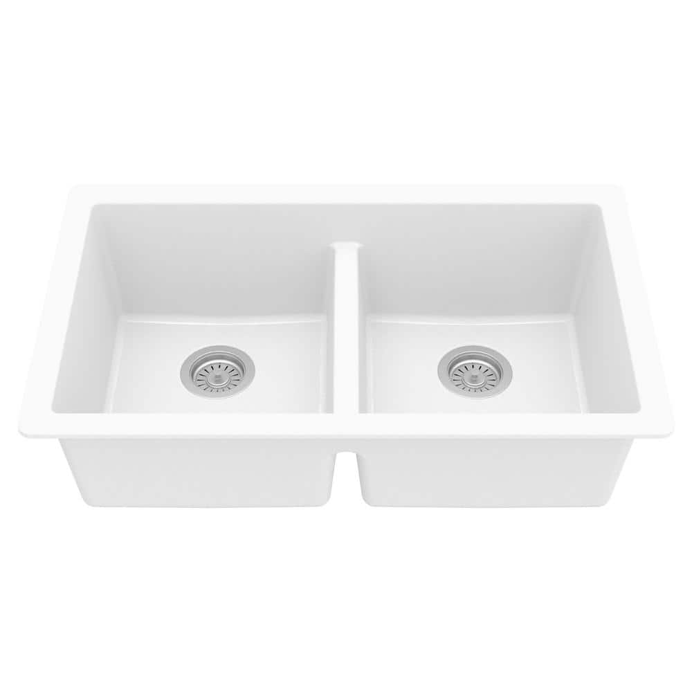 White Quartz Double Bowl Undermount Kitchen Sink, 32"