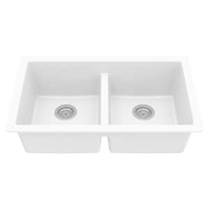 Quartz White 32 in. 50/50 Double Bowl Composite Undermount Kitchen Sink