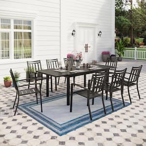 Black 9-Piece Metal Outdoor Patio Dining Set with Extendable Table and Stripe Stackable Chairs