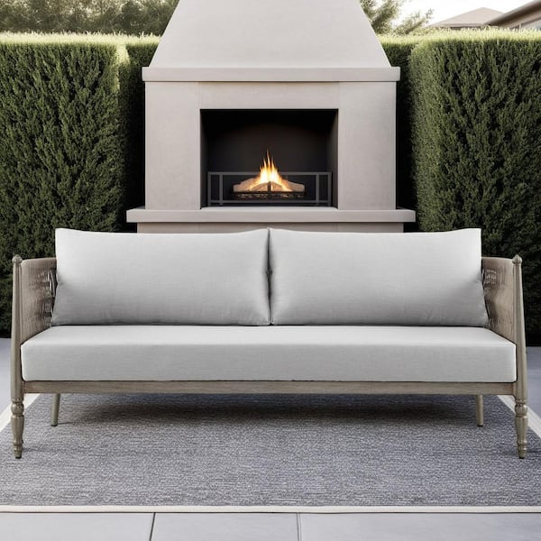 Armen Living Safari Brown Aluminum Outdoor Couch with Gray Cushions