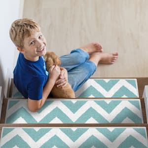Traverse Teal 9 in. x 28 in. Cotton Carpet Stair Tread Cover (Set of 13)