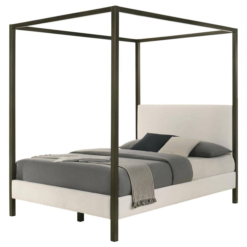 Cream Upholstered Queen Canopy Bed with Metal Frame