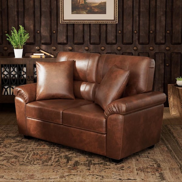 Morden Fort 2-Pieces Glam Mid-Century Couch Set Brown Faux Leather