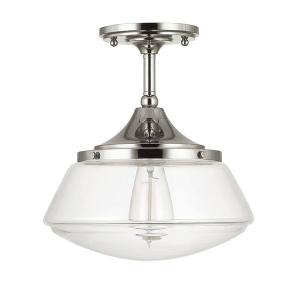 Home Decorators Collection Mcclelland 10 in. 1-Light Polished Nickel Vintage Schoolhouse Semi-Flush Mount with Clear Glass Shade