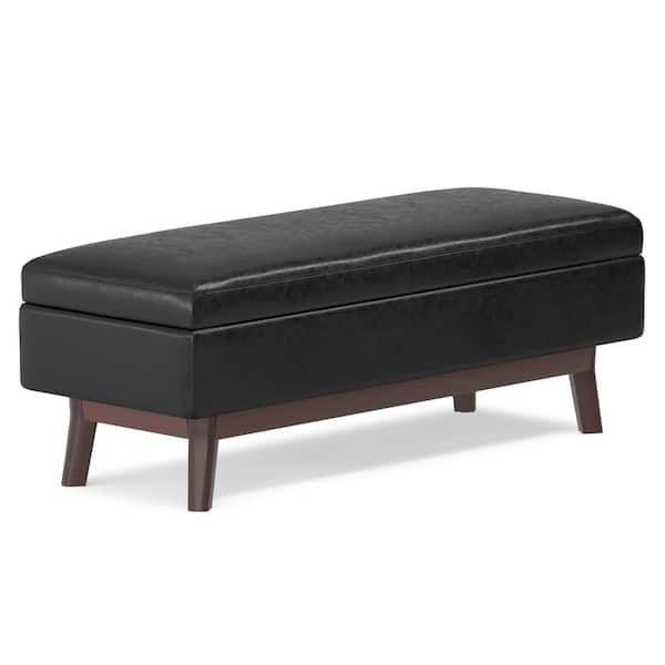 Simpli Home Owen 48 in. Rectangle Storage Ottoman in Distressed Black Vegan Faux Leather, Assembled