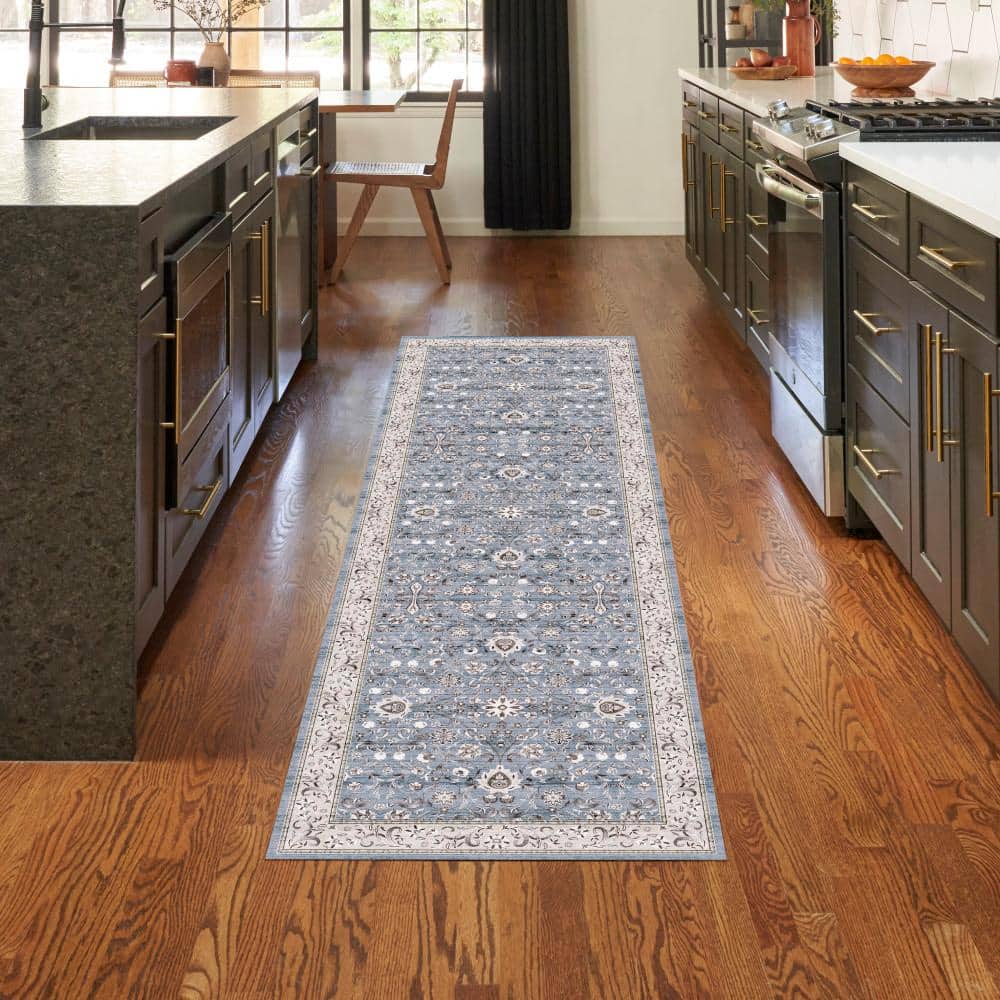Vintage Blue Floral Flatweave Runner Rug with Non-Skid Backing