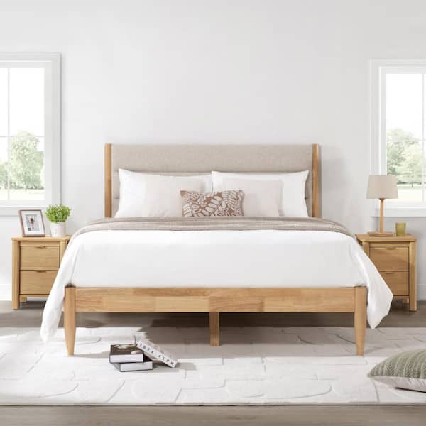 Siena 3-Pieces Camel Queen Upholstered Wood Frame Platform Bed with Channel Tufting and 2 Nightstands Bedroom Set