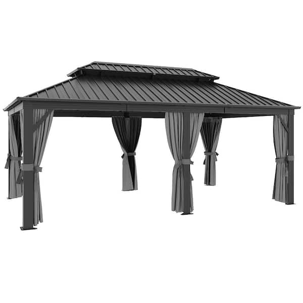 20 ft. W x 12 ft. D Aluminum Frame Galvanized Steel Double Roof Gazebo with Ceiling Hook, Curtains, and Netting