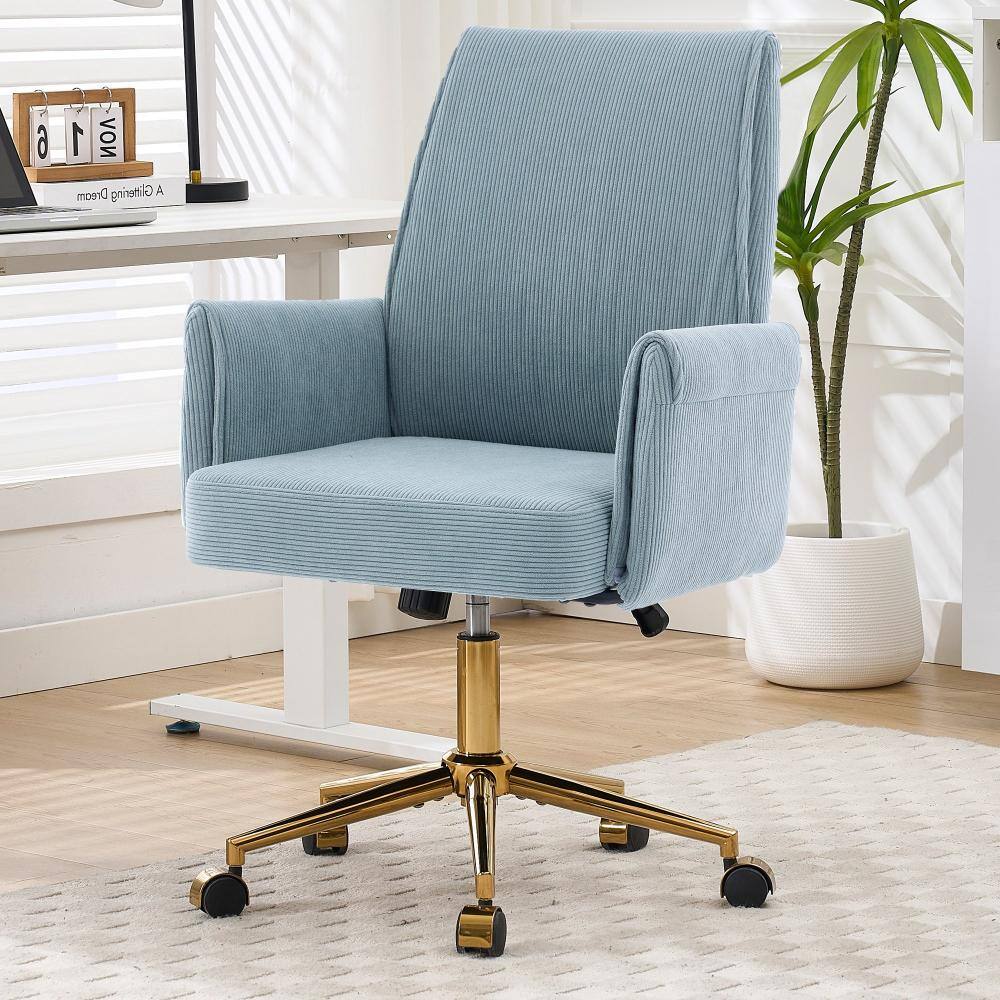 Blue corduroy office chair in a lifestyle setting.