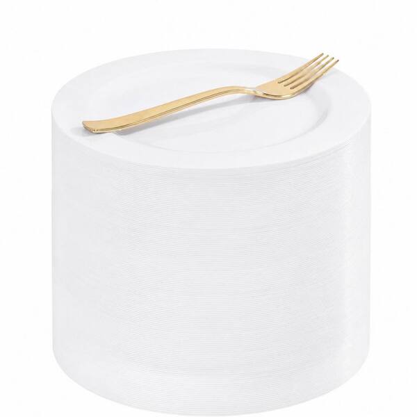 7.5 in White Plastic Dessert Plates and Gold Forks Set, 100 Count, Disposable Party Dinnerware for Events