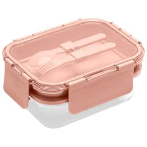 58.5 oz. Premium 4-In-1 Double-Layer Glass Bento Lunch Box with Utensils in Pink (1-Pack)