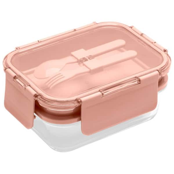 LEXI HOME 58.5 oz. Premium 4-In-1 Double-Layer Glass Bento Lunch Box with Utensils in Pink (1-Pack)