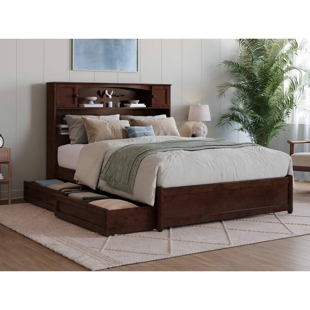 Walnut Full Wood Platform Bed with Storage Drawers and Headboard