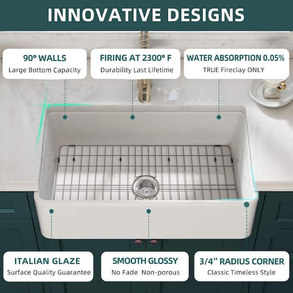 Siavonce 30 in. Fireclay Farmhouse Ceramic Kitchen Sink