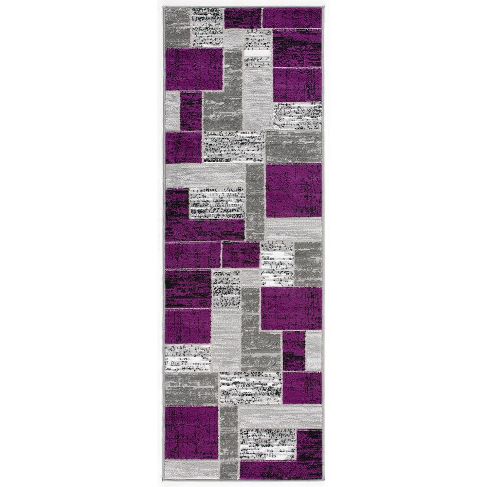 Purple and Gray Geometric Washable Synthetic Area Rug 5' x 7'