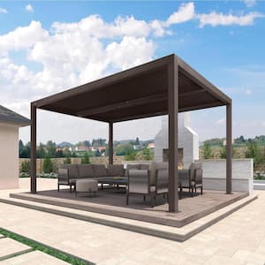 10 ft. x 14 ft. Bronze Aluminum Outdoor Louvered Pergola with Adjustable Canopy Retractable Hardtop Gazebo Sun Shade