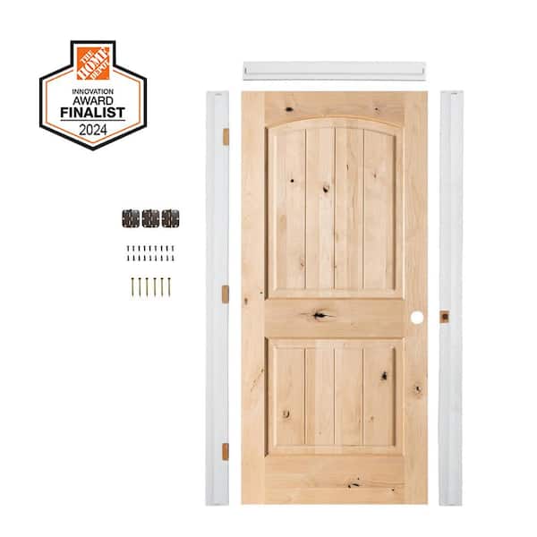 DIY 30 in. x 80 in. Knotty Alder Left-Hand Unfinished V-Groove Wood Single Interior Door Kit Plus Quick Assemble Jamb